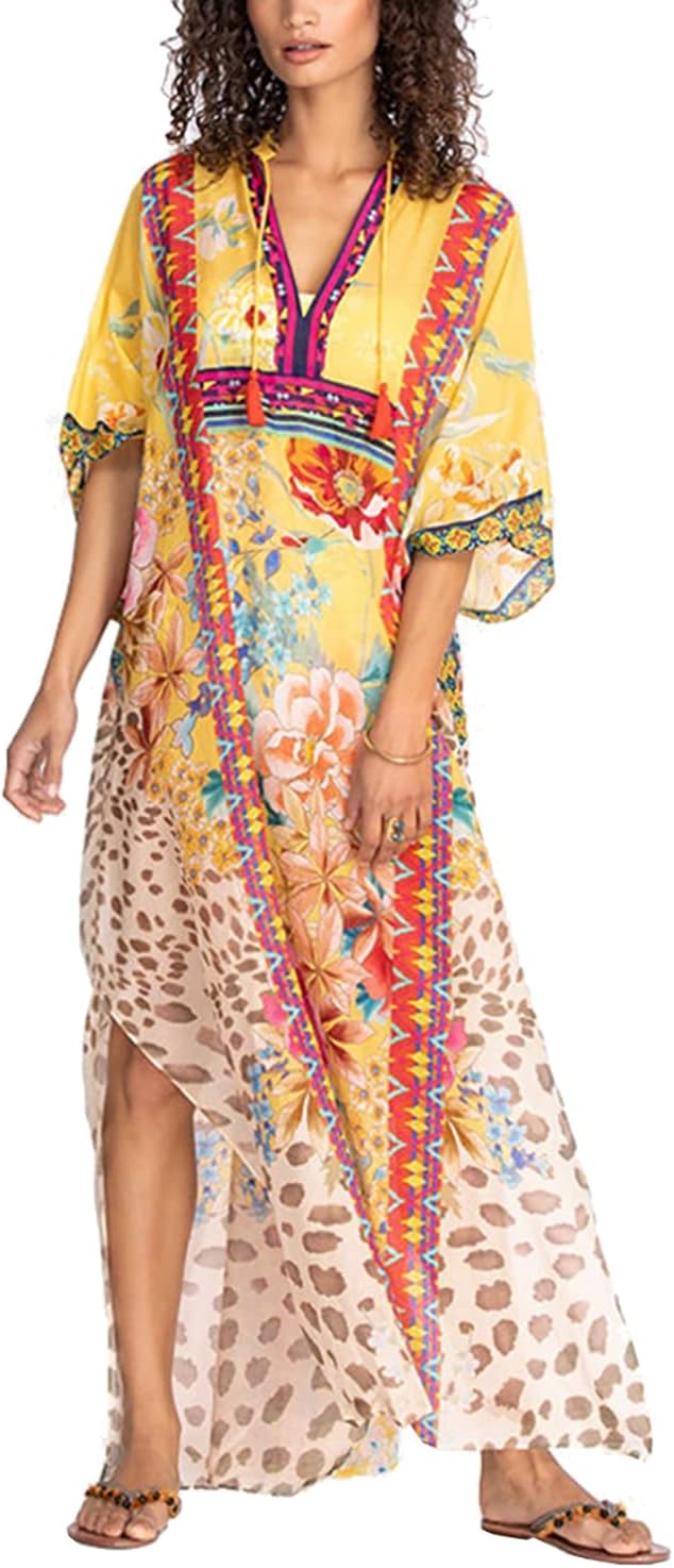 YouKD Maxi Dress V-Neck Kaftan Boho Robes Beach Cover-ups Dress Maxi Garment for Women