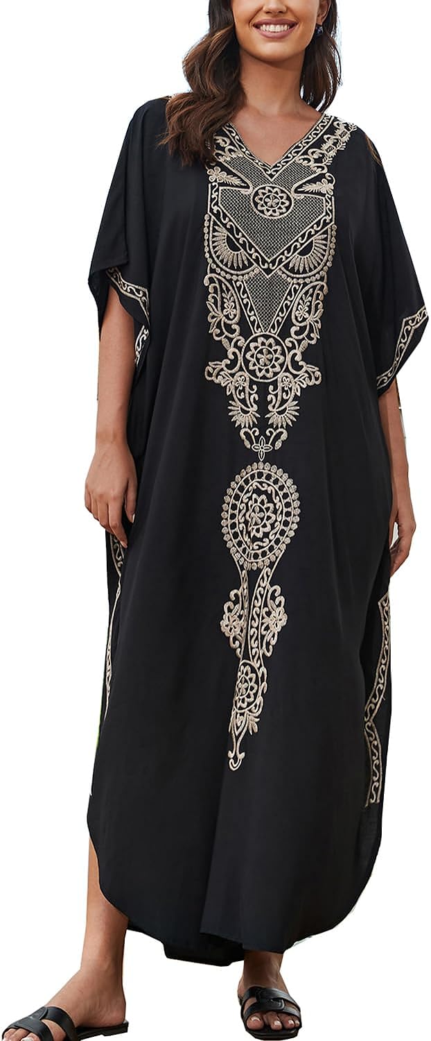 YouKD Embroidered Kaftan Dress Boho Beach Bikini Cover Up Robe Plus Size Loungewear for Women