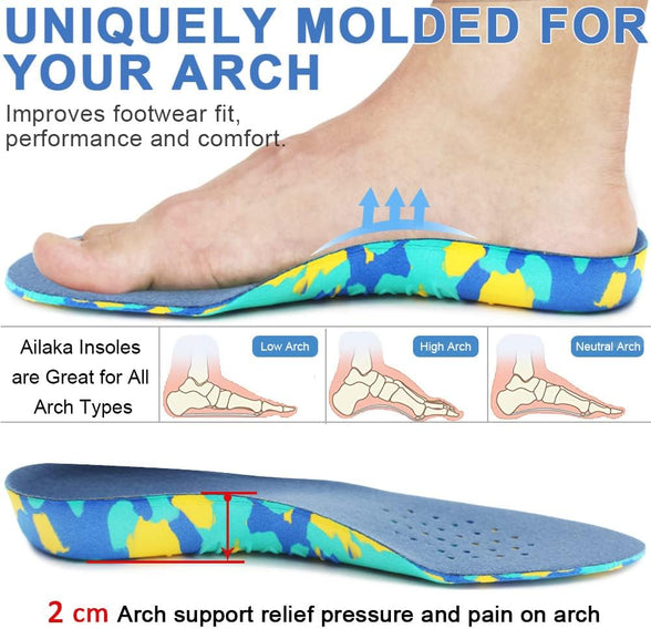 Ailaka Kids Orthotic Cushioning Arch Support Shoe Insoles, Children EVA Foam Inserts for Flat Feet, Plantar Fasciitis