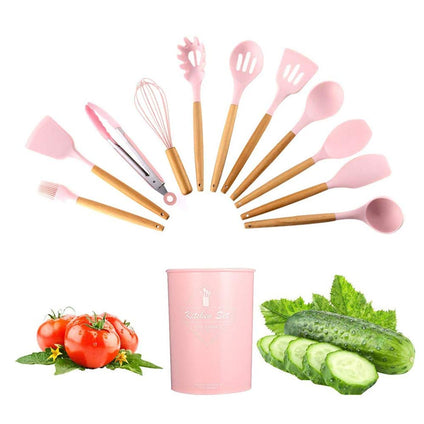 U-HOOME 11 Pcs Silicone Kitchen Utensils Set with Holder, Cooking Utensil Sets Spatula Turner Heat Resistant Tool Gadgets with Wooden Handle for Nonstick Cookware,Pink