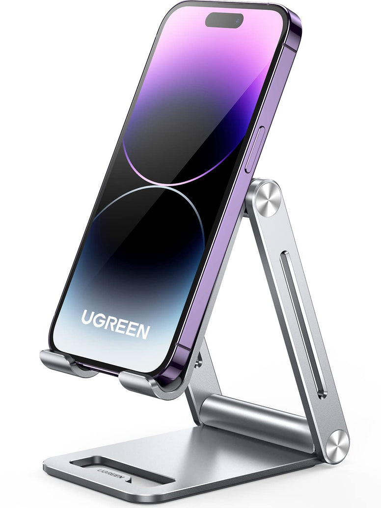 UGREEN Phone Stand Aluminum Mobile Stand Adjustable Mobile Holder Foldable Phone holder, Desktop iPhone Stand Compatible with All Mobile Phone, iPhone 15 Pro/15 Pro Max, Samsung Galaxy, iPad, Silver