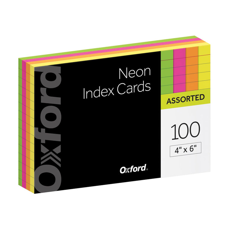 Oxford Neon Index Cards, 4" x 6", Ruled, Assorted Colors, 100 Per Pack (99755EE)