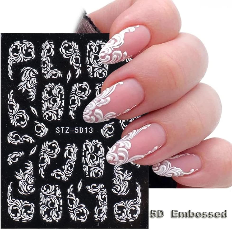 Nail Stickers, 8 Sheets Flower Nail Art Stickers Decals, 5D Acrylic Engraved Nail Sticker White Embossed Flower Sliders Lace Wedding Hollow Design DIY Nail Art for Women Girls