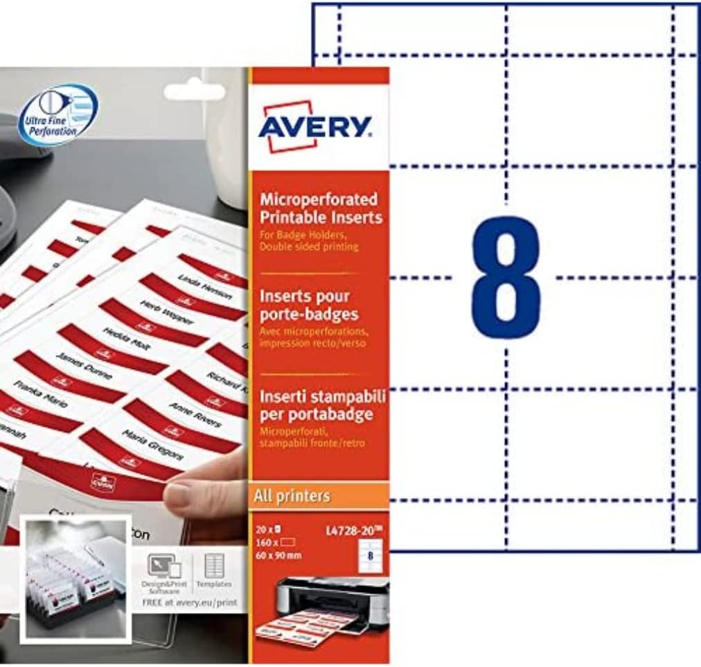 Avery L4728-20 Printable Name Badge Insert Refills (90 x 60 mm Inserts, Pack of 160) - White