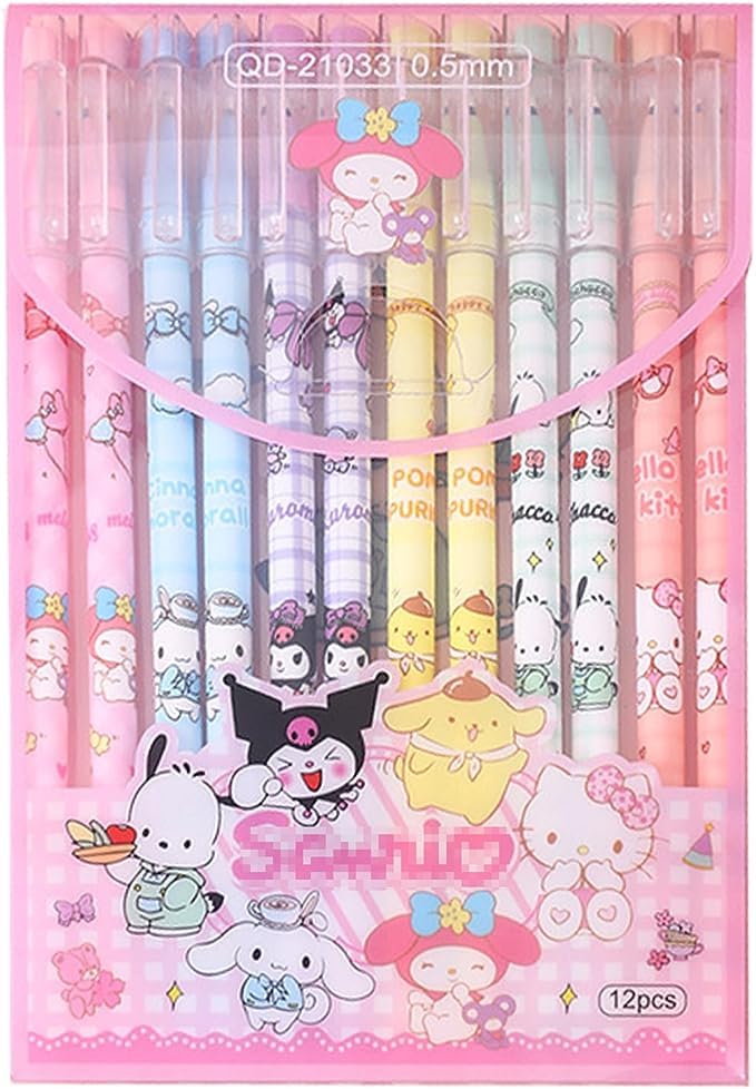 12 PCS Cartoon Sanrio Ballpoint Pens, Anime Gel Ink Pen Black 0.5mm Melody Gifts, Cute Kawaii Office School Supplies Set For Kid Teen Girls Students