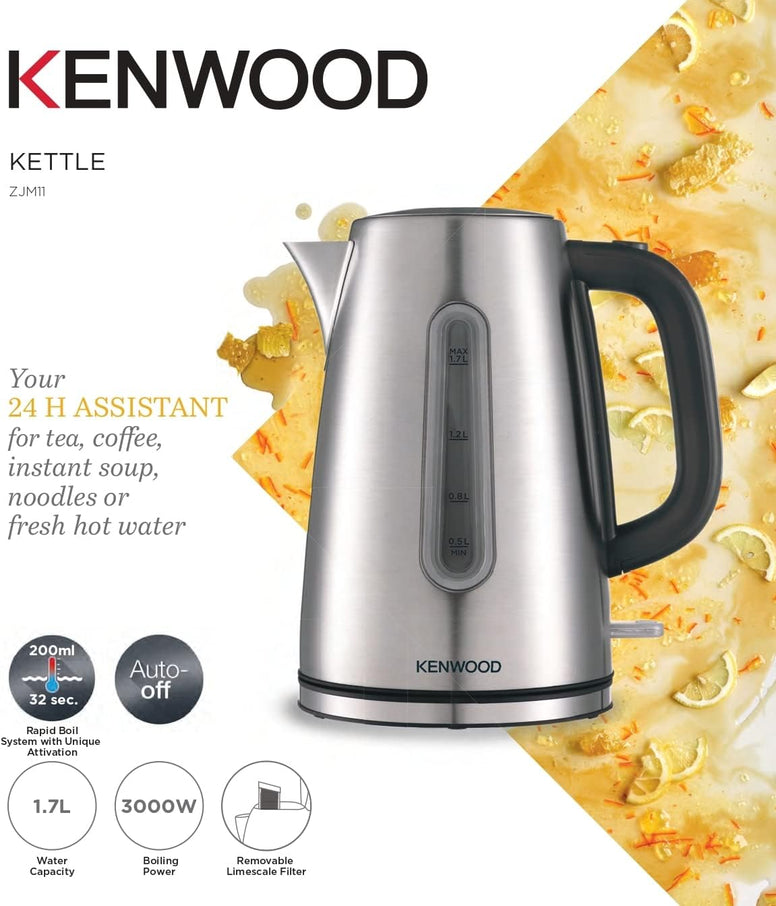 Kenwood Stainless Steel Kettle 1.7L Cordless Electric Kettle 3000W With Auto Shut-Off & Removable Mesh Filter Zjm11.000Ss Silver/Black