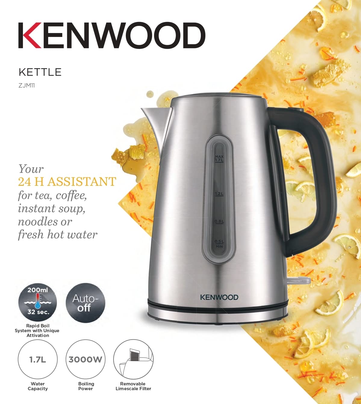 Kenwood Stainless Steel Kettle 1.7L Cordless Electric Kettle 3000W With Auto Shut-Off & Removable Mesh Filter Zjm11.000Ss Silver/Black