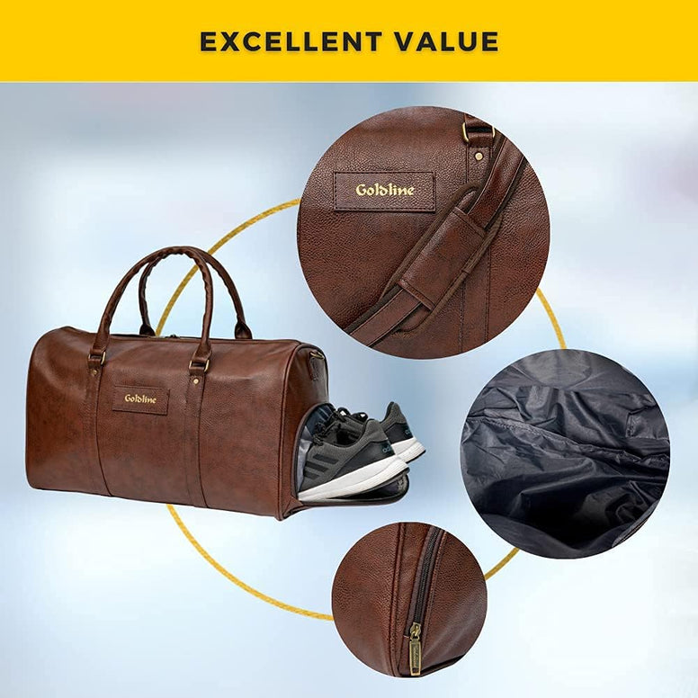 GOLDLINE Leather Duffle Bag for Travel Men Women- 50L - Brown, Brown, M, Luggage