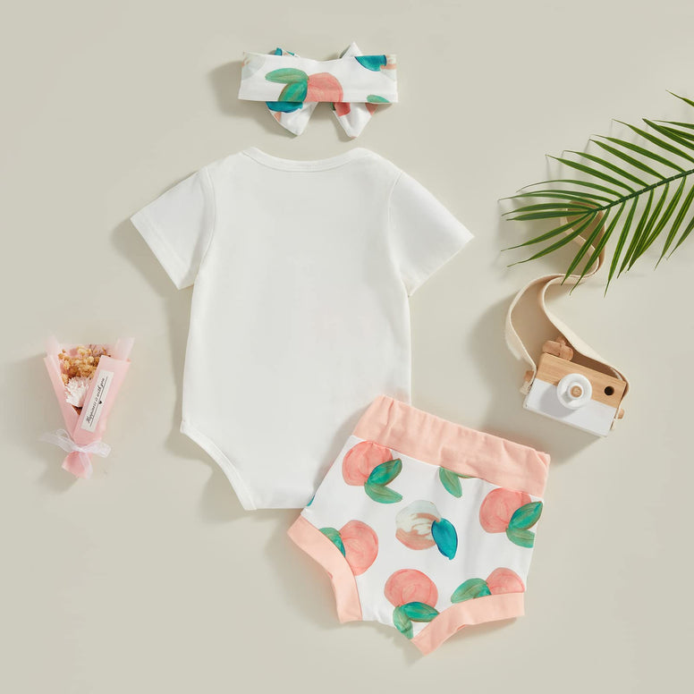 Ynibbim 0-24 Months Infant Baby Girls Summer Clothes Newborn Shorts Set Letters Print Tops & Peach Print Shorts 3Pcs Outfits (0-3 Months)