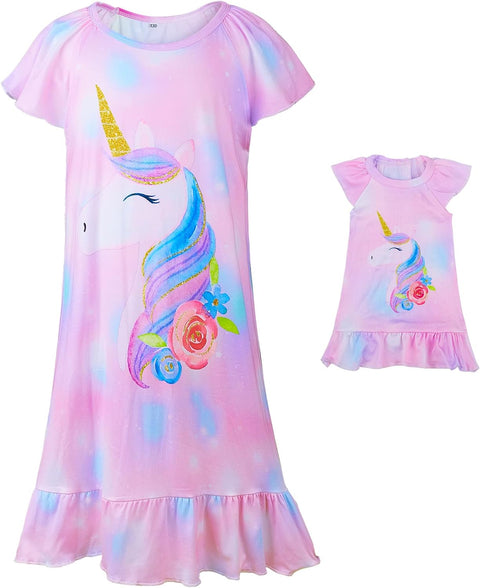 ICOSY Matching Girls & Doll Nightgowns Clothes Unicorn Pajamas Sleepwear Outfit for Girls and American 18" Girl Doll