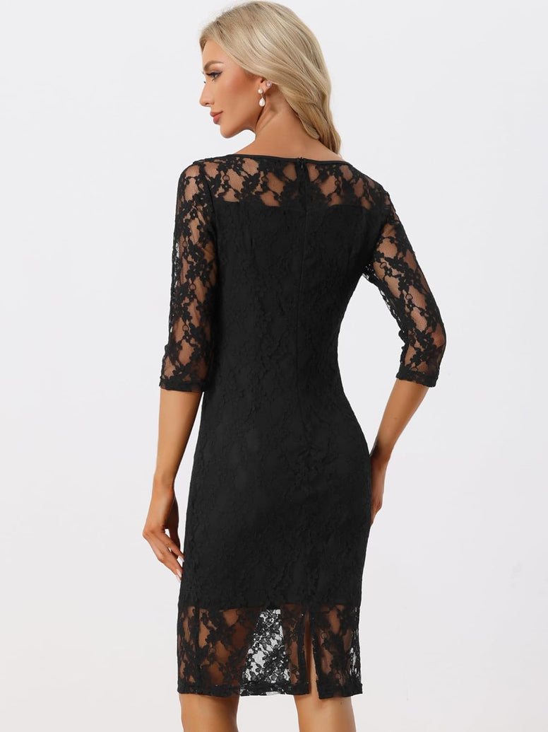 Allegra K Lace Dress for Women's Elegant 3/4 Sleeve Square Neck Bodycon Cocktail Dresses