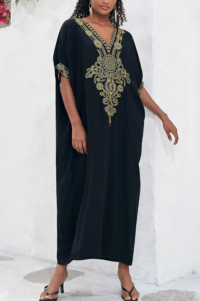 YouKD Embroidered Kaftan Dress Boho Beach Bikini Cover Up Robe Plus Size Loungewear for Women