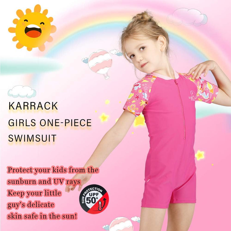 karrack Girls Long Sleeved One Piece Rash Guard Swimsuit Kid Water Sport Short Swimsuit UPF 50+ Sun Protection Bathing Suits