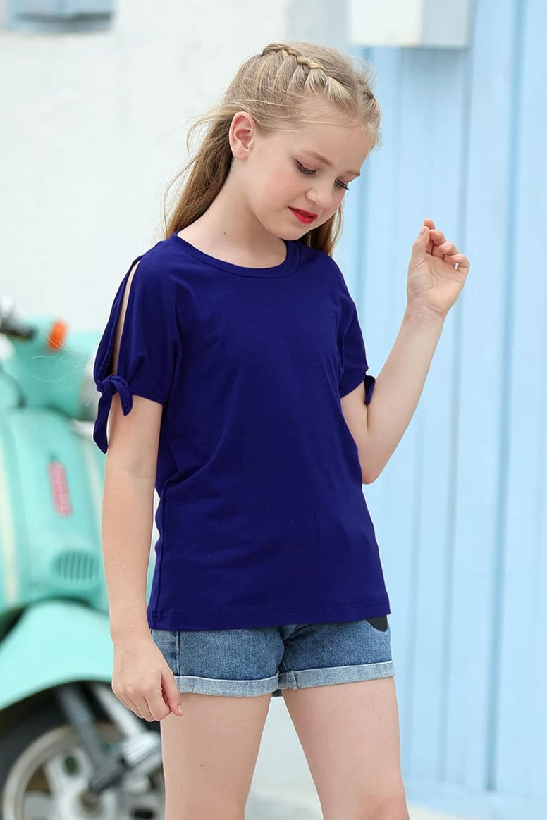 GORLYA Girl's Cut Slit Sleeve Tie knot Cuff Stripe Tunic T-shirt Casual Pullover Top for 4-14T Kids