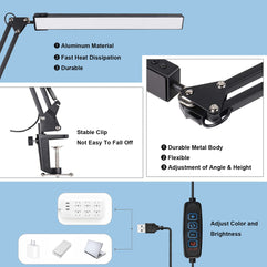 Necomi LED Desk Lamp  With Clamp, 3 Lighting 10 Brightness Eye-Caring Modes, Reading Desk Lamps for Home Office 360 Degree Spin with Memory Function 12W-Black