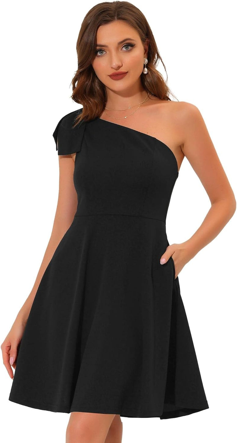 Allegra K Elegant Dresses for Women Bow One Shoulder with Pockets A-line Cocktail Party Dress