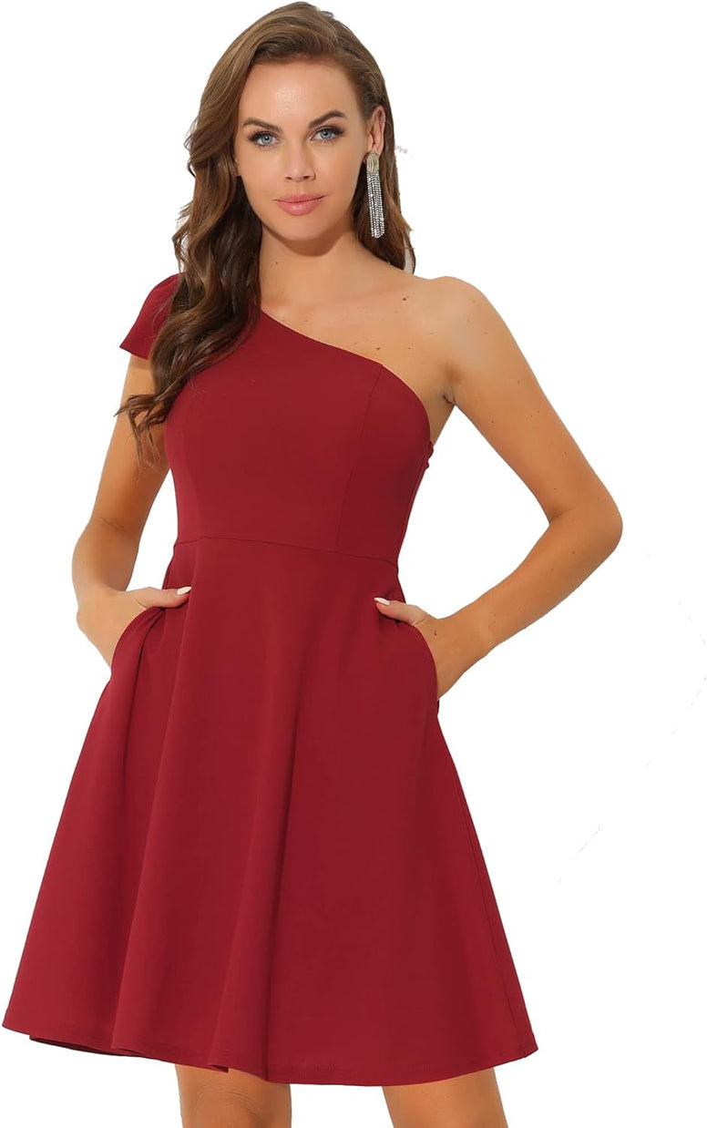 Allegra K Elegant Dresses for Women Bow One Shoulder with Pockets A-line Cocktail Party Dress