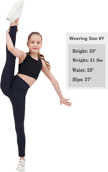 EXARUS Youth Girl's Athletic Leggings No Front Seam with Pockets Compression Pants Dance Running Active Yoga Tights