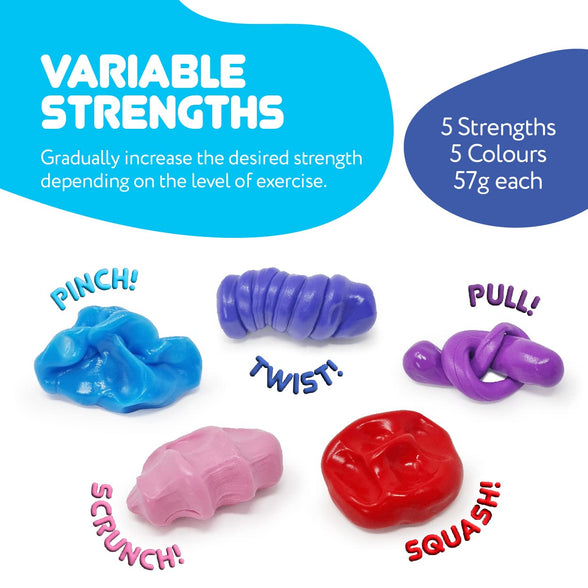 JFA Medical Therapy Exercise Putty 5 Strengths Alternative Colours - Extra Soft, Soft, Medium, Firm, Extra Firm 57g Tubs