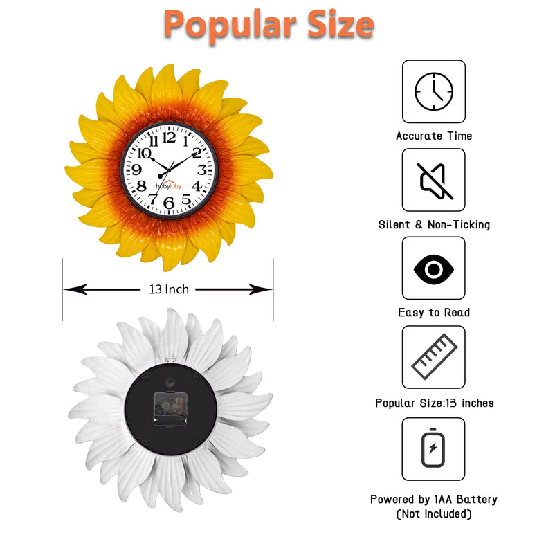 HOBYLUBY 13'' Indoor Outdoor Clock, Waterproof Sunflower Wall Clock Silent Non-Ticking for Patio, Home Decorations