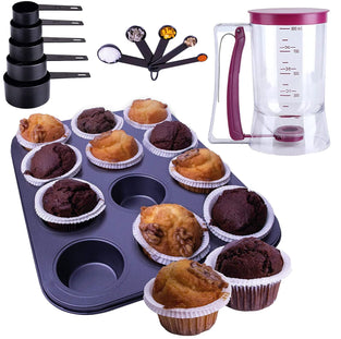 iumano Set of 4 Kitchen Baking Tools Set - 12 Cavity Non-Stick Muffin Tray, Batter Dispenser, Measuring Cups and Spoons Set - Kitchen Utensils Kit for Measuring Baking and Dispensing