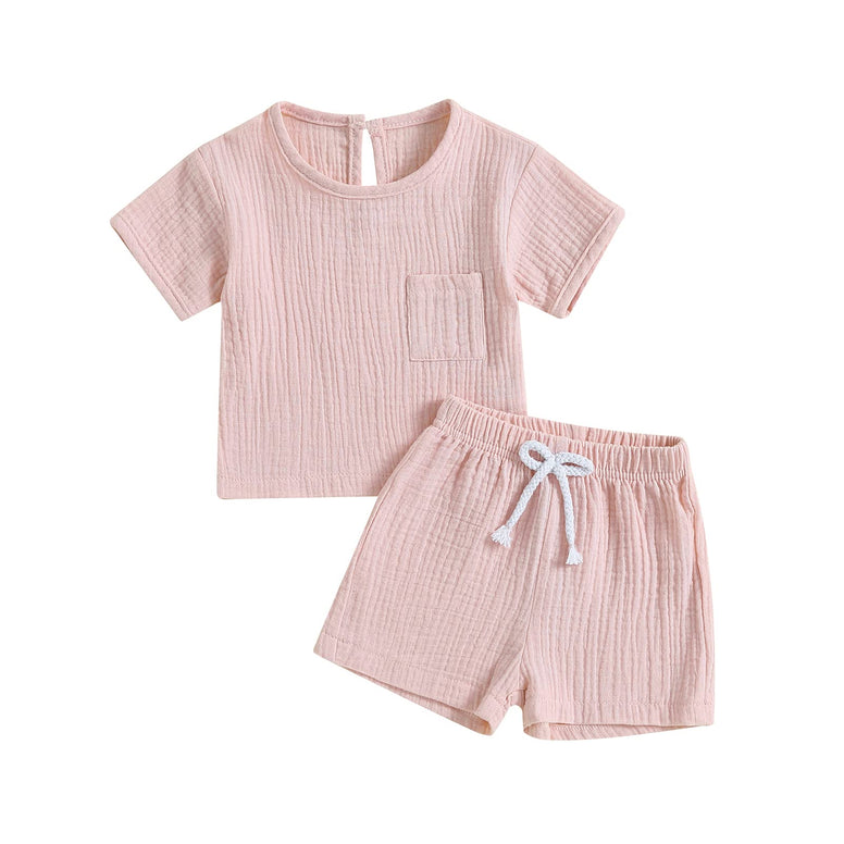 Toddler Baby Boy Girl Clothes Cotton Linen Outfit Short Sleeve T-Shirt Tops Shorts 2Pcs Summer Clothes Set, A-pink, 0-6 Months