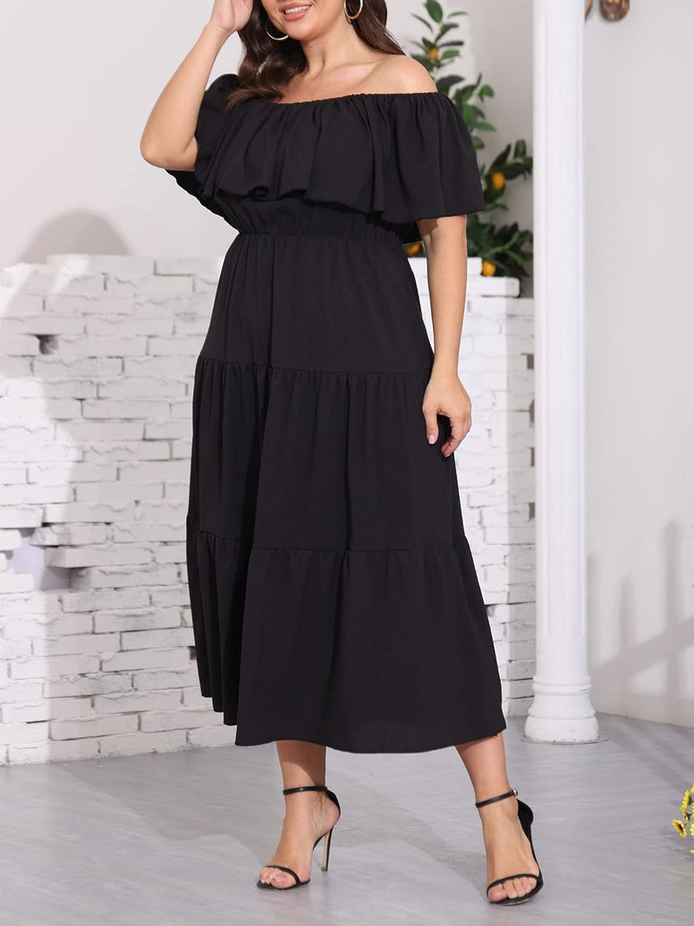 Ekaliy Women's Plus Size Off Shoulder Maxi Dress Casual Flowy Ruffle Beach Party Cocktail Long Dresses