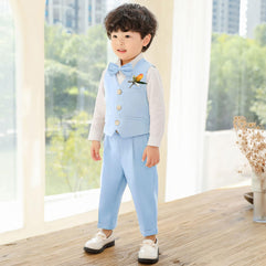 LOLANTA 4-Piece Formal Suit for Boy, Waistcoat Set, Kids Birthday Wedding Party Occasion wear Beige/Blue/Grey 2-3 Years