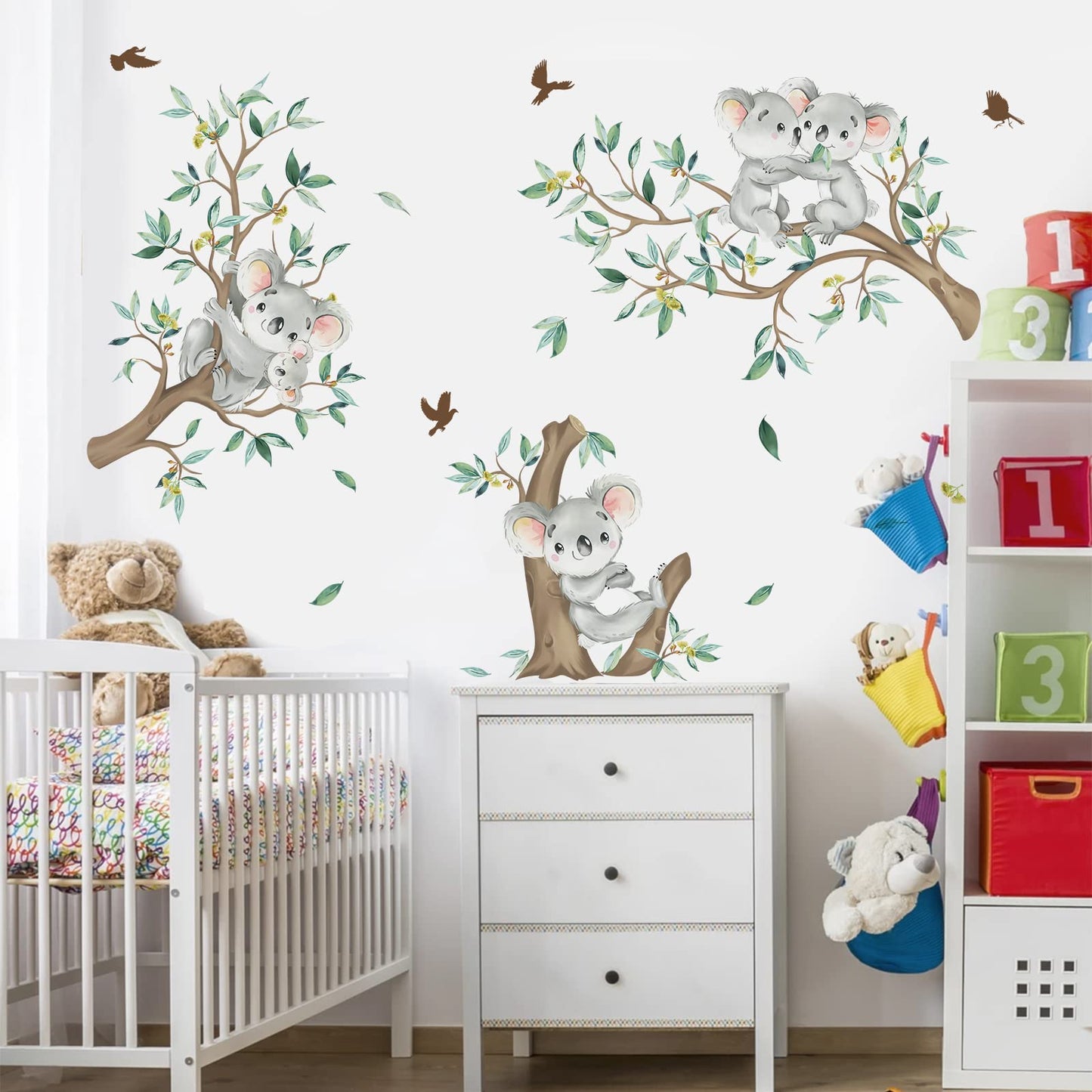 decalmile Koala Tree Branch Wall Decals Green Tree Leaves Wall Stickers Baby Nursery Kids Bedroom Living Room Wall Decor