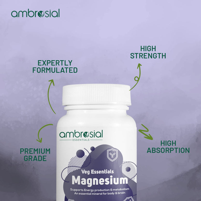 Ambrosial Magnesium Citrate with Di Magnesium Malate | High Potency Magnesium Supplement for Women & Men | Premium Magnesium Tablets to Boost Energy Levels & Muscle Functions (Pack of 1-60 Capsules)