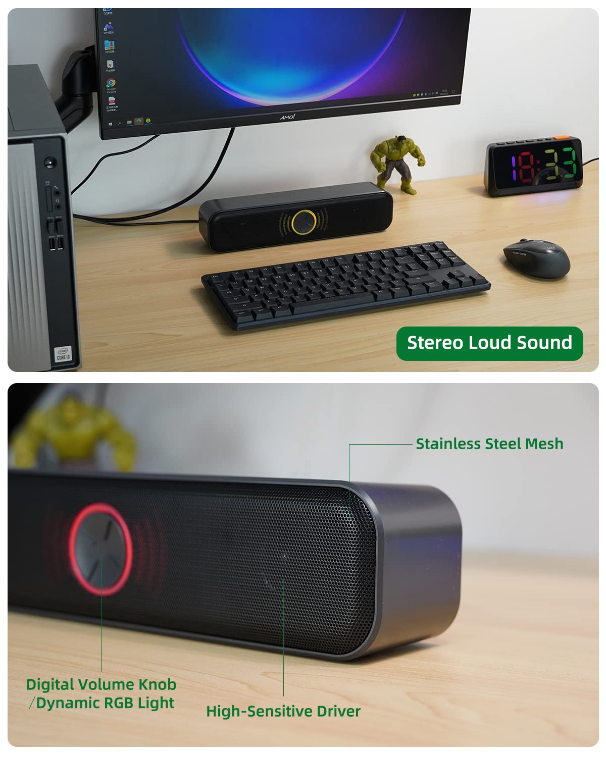 YOFANQI USB Computer Speakers for Desktop, Laptop, PC Gaming Speakers, Small Computer Sound Bar with Stereo Loud Sound, Enhanced Bass, Dynamic RGB Light, Digital Volume Knob