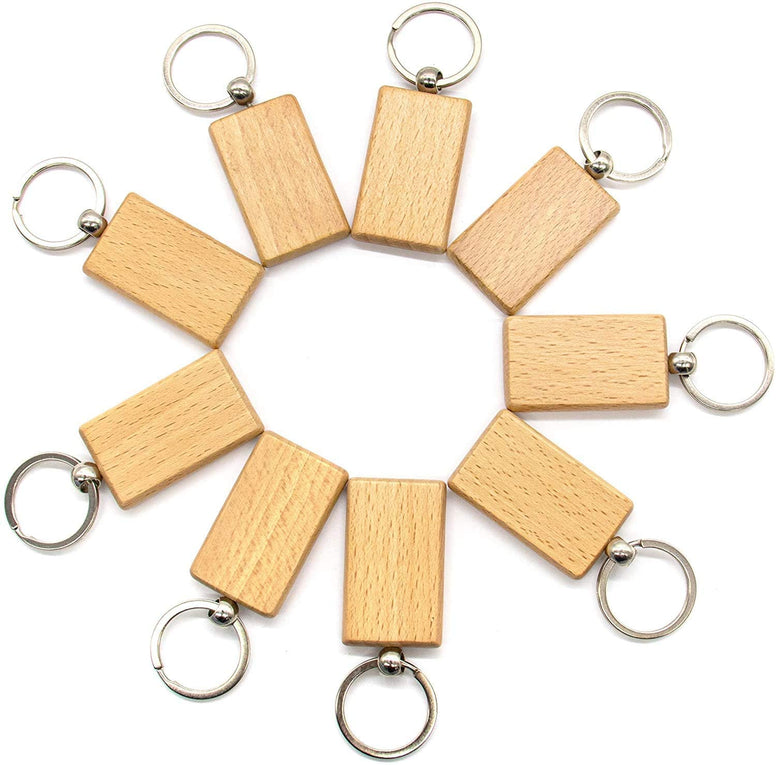 Key Chain, Blank Wood Keychain Key Ring Key Tags Personalized EDC or Best Wooden Gift Craft (Rectangle, 10 Pack)
