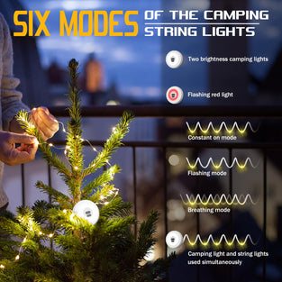 ISUNMEA Camping String Lights, 2 in 1 Christmas Lights Outdoor Waterproof (32.8Ft), 1-Pack USB Rechargeable String Lights with 6 Lighting Modes, Tent Lights for Camping Hanging, Gatherings, Christmas