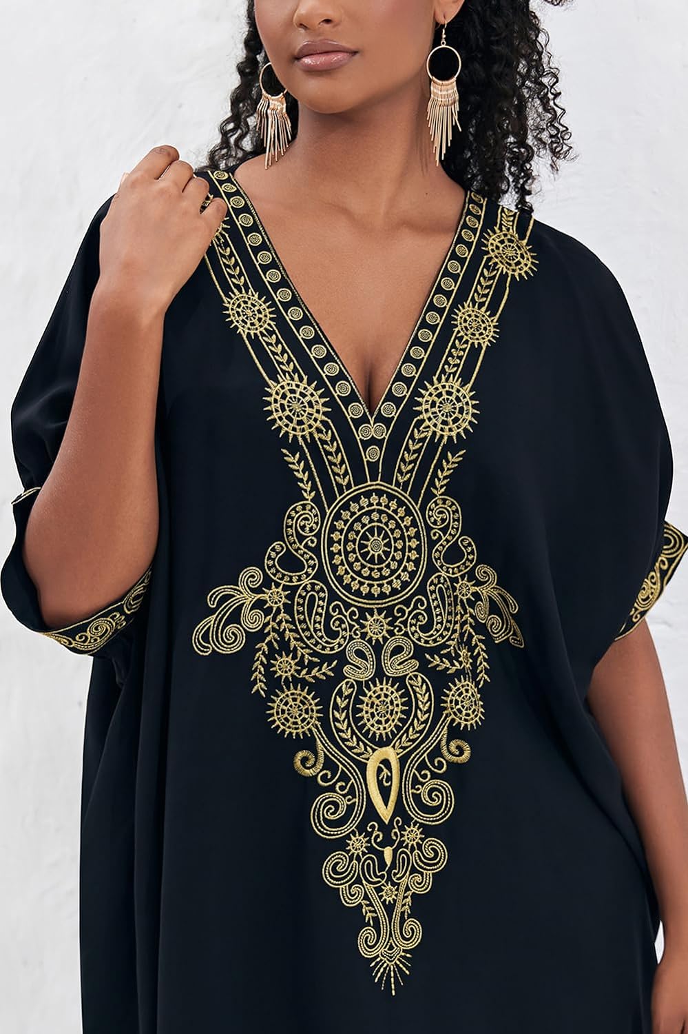 YouKD Embroidered Kaftan Dress Boho Beach Bikini Cover Up Robe Plus Size Loungewear for Women