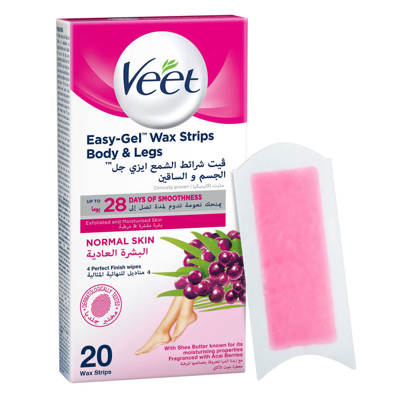 Veet Hair Removal Easy-Gel Wax Strips Body & Legs for Normal Skin, Moisturising Shea Butter and Acai Berries Scent – 20 Wax Strips, Twin Pack