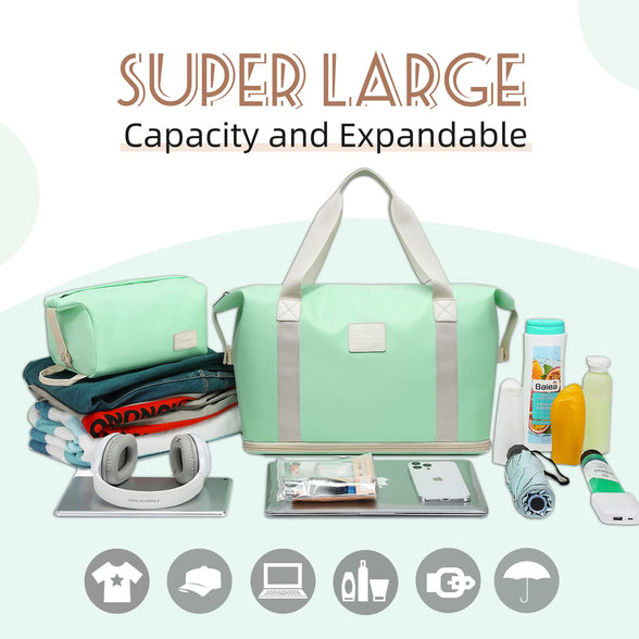 imiomo Travel Gym Duffel Bag - Weekender Bags for Women, Large Tote Overnight Bag, Sports Shoulder Hospital Bag, Light Green, One Size, Travel Bag