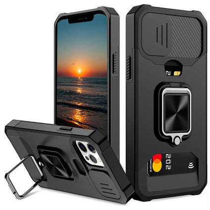 for iPhone 12 Pro Max Case with Card Holder and Slide Camera Cover,360° Rotate Ring Kickstand Magnetic Car Mount Phone Cover Case for iPhone 12 Pro Max -Black