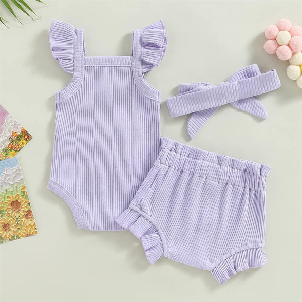Baby Girl Shorts Outfits Summer Fly Sleeve Cami Bodysuit Top Ruffle Shorts Headband Cute Infant Clothes (0-3 Months)
