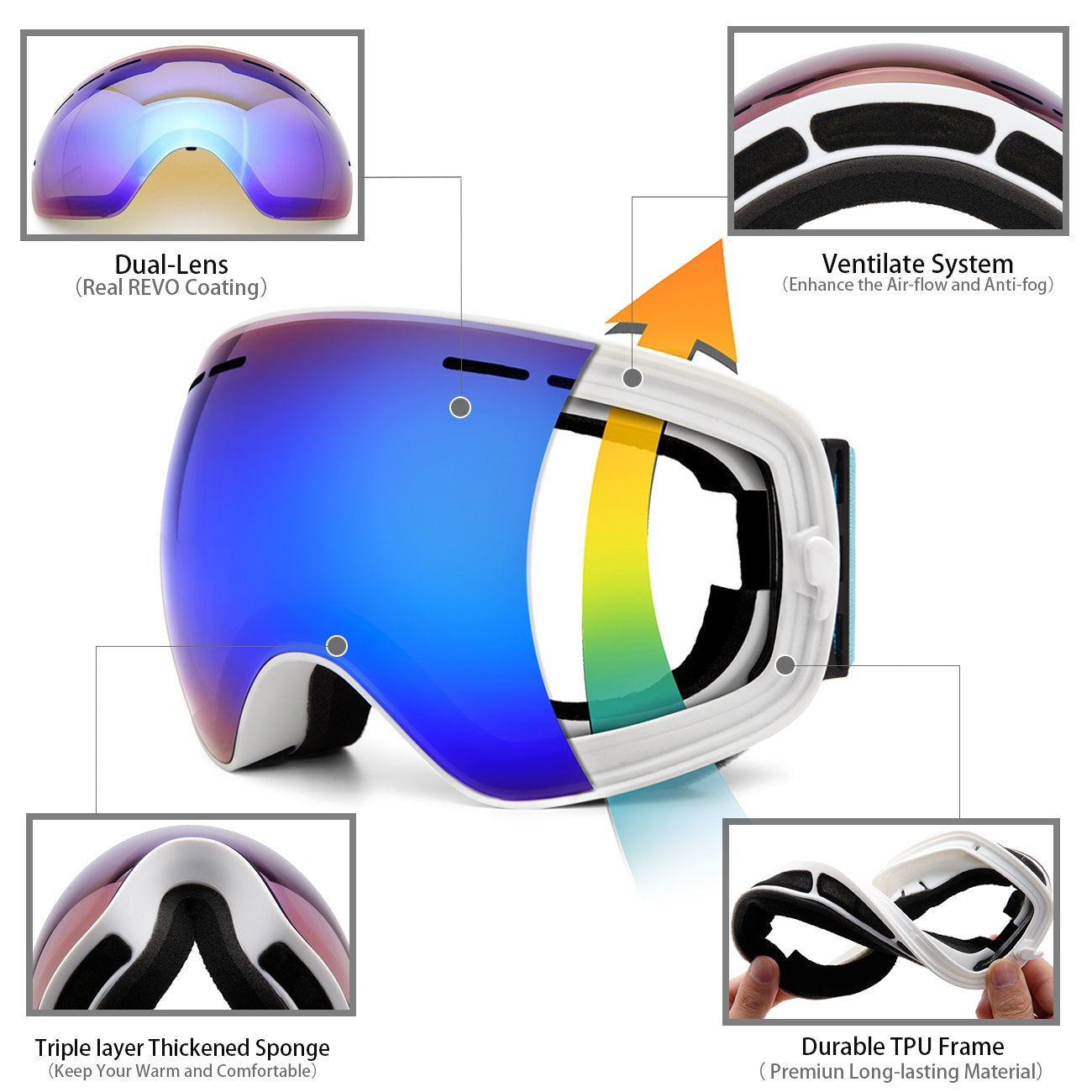 Juli Ski Goggles,Winter Snow Sports Snowboard Goggles with Anti-Fog UV Protection Interchangeable Spherical Dual Lens for Men Women & Youth Snowmobile Skiing Skating Blue