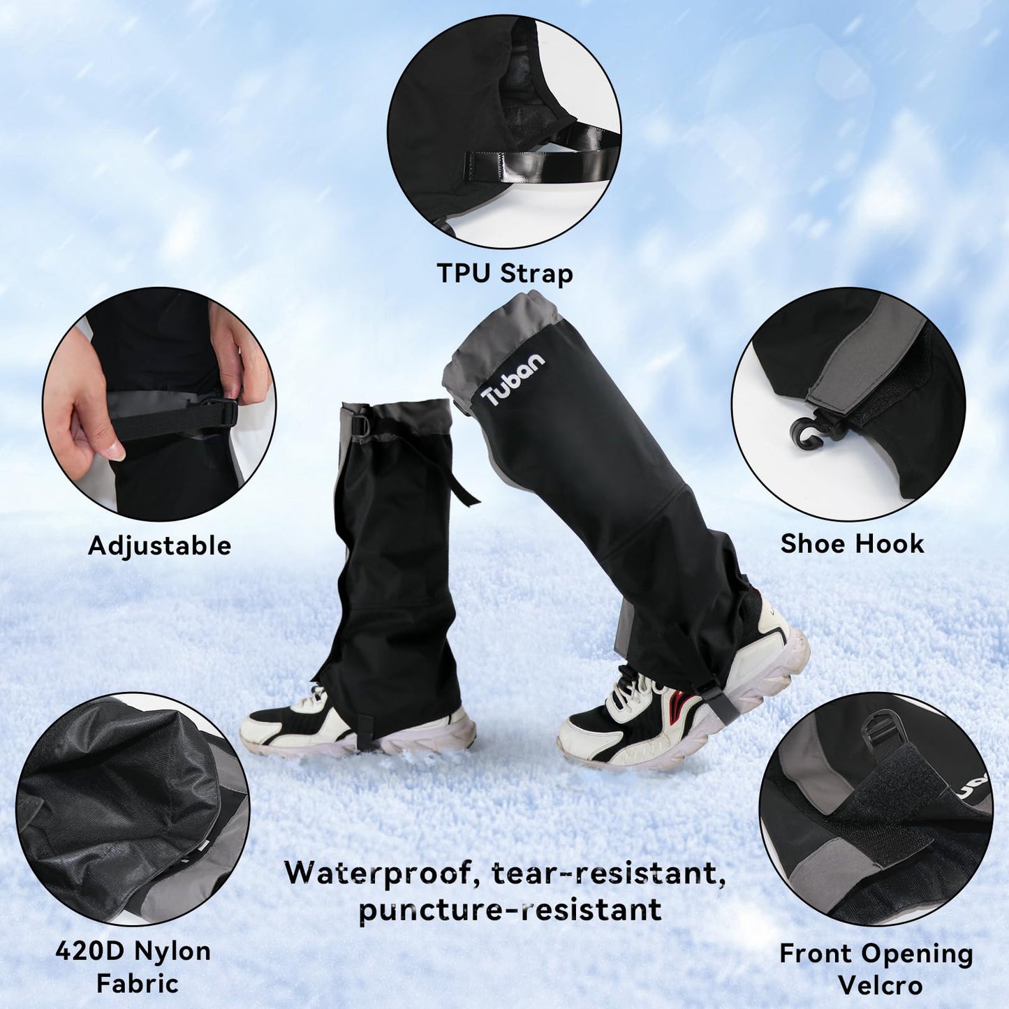 Hzdyopk Leg Gaiters for Hiking – Waterproof and Adjustable Snow Boot Gaiters, One Size Fits Men and Women for Walking, Hunting, Mountain Climbing and Snowshoeing