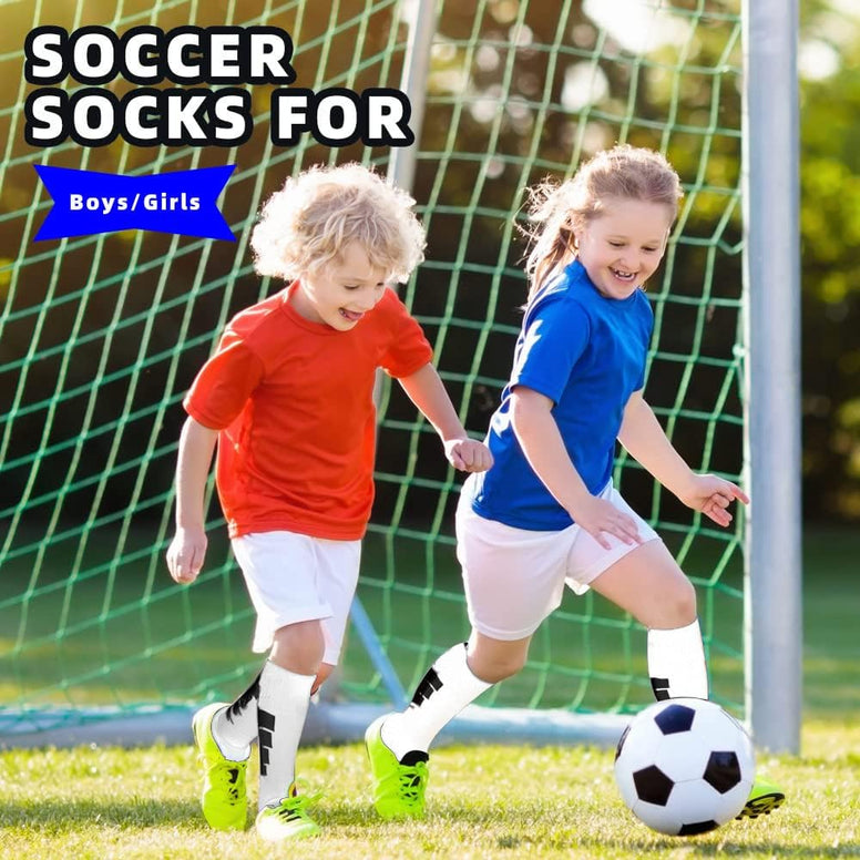 Kids Athletic Soccer Socks, 2 Pairs Knee High Socks for Youth Boys Girls for Shoe Size 3-6.5 / Ages 6-12