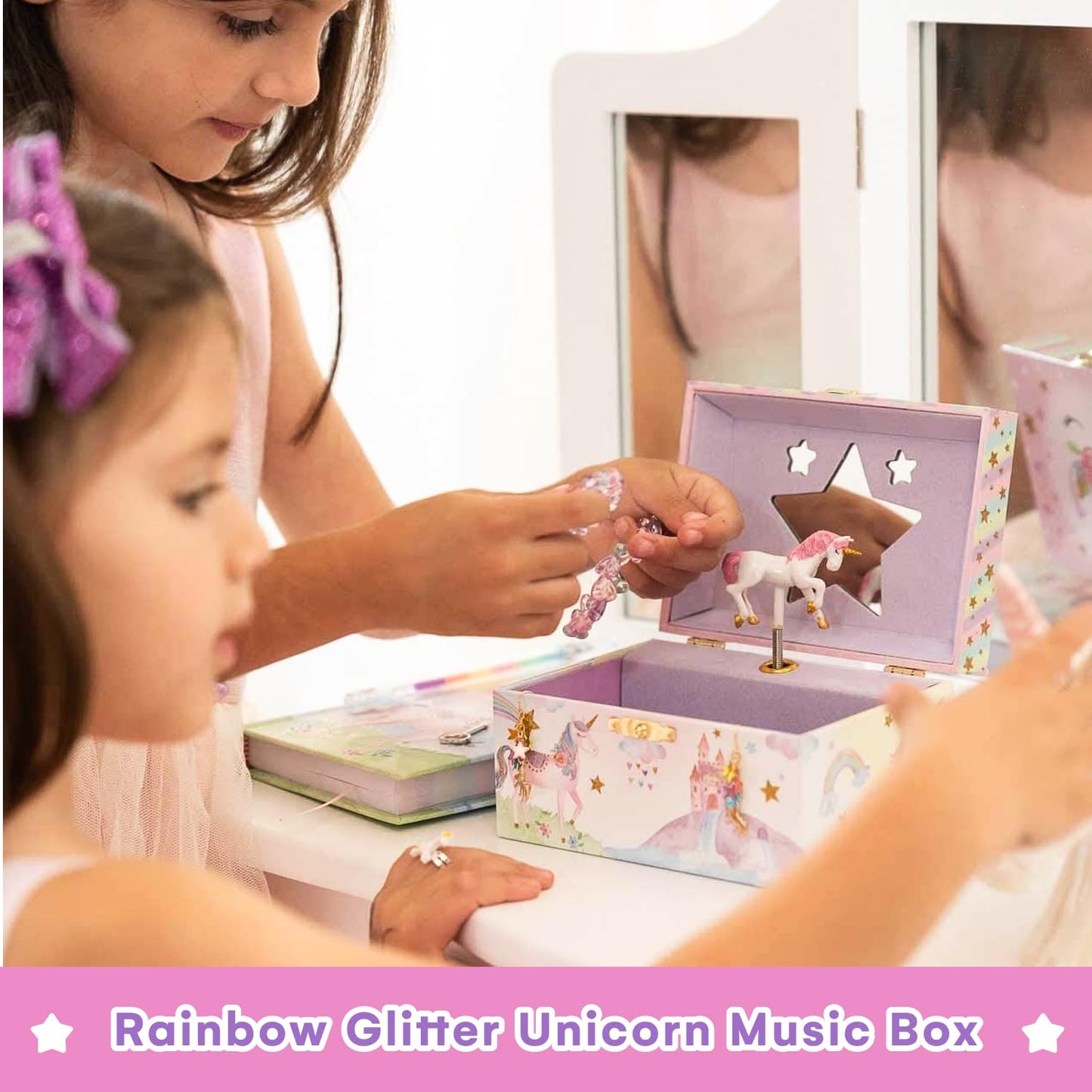 Jewelkeeper Girl's Musical Jewelry Storage Box with Spinning Unicorn, Glitter Rainbow and Stars Design, The Beautiful Dreamer Tune