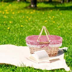 Cabilock Woven Baskets Picnic Basket with Handles: Wicker Basket Eggs Candy Basket with Red and White Gingham Blanket Lining for Egg Gathering, Wedding, Candy Gift Vintage Home Woven Decor