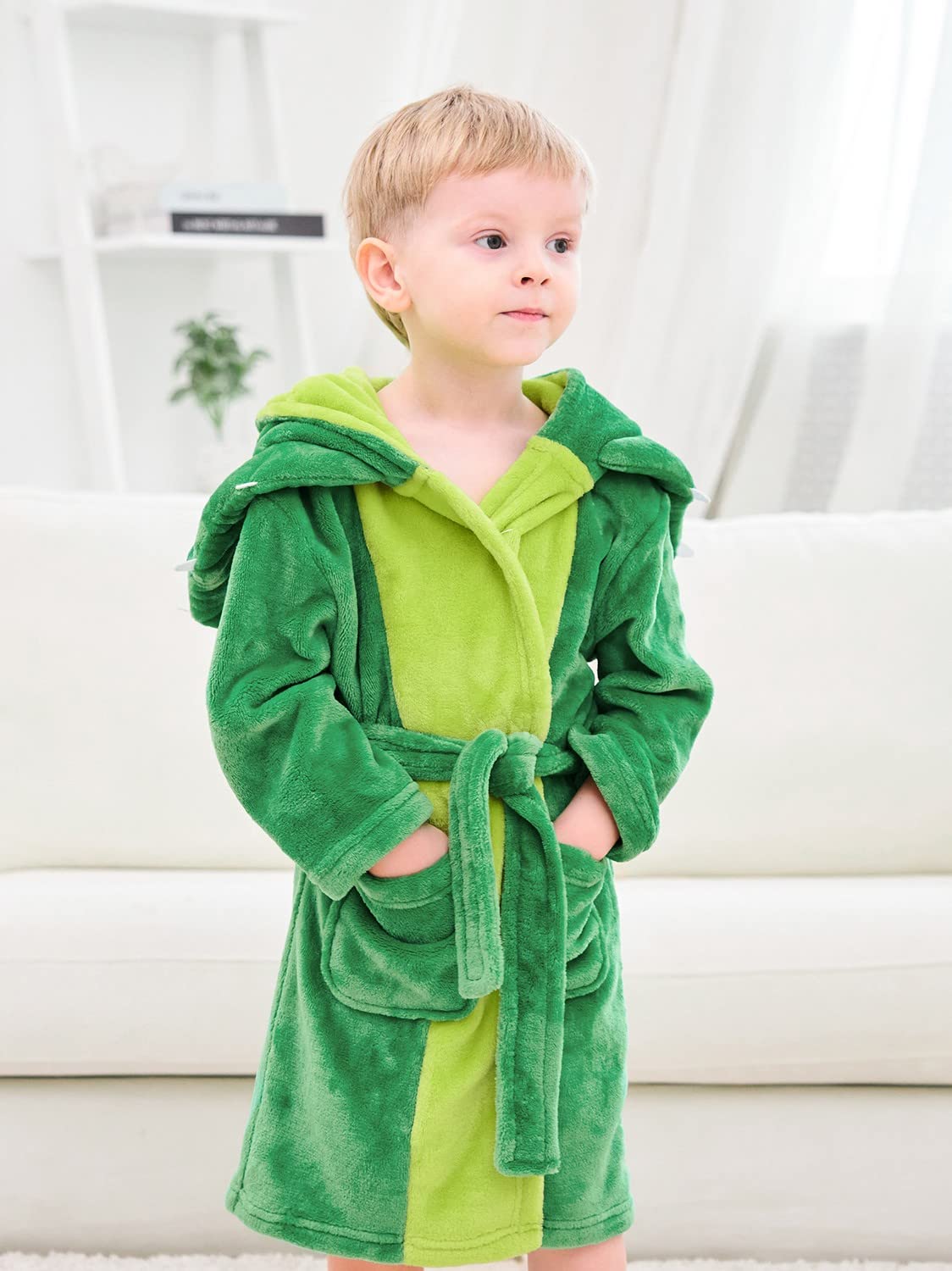 LOLANTA Boys' Girls' Hooded Flannel Bathrobes Kids Sleepwear Dinosaur Dressing Gown Christmas Gift 2-3Y