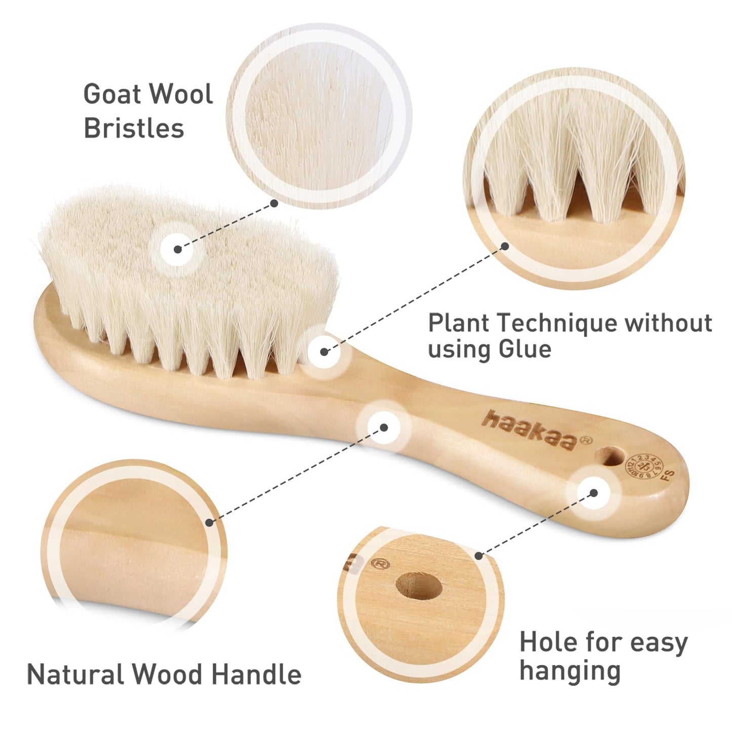 haakaa Wooden Baby Hair Brush for Newborns and Toddlers Baby Brush Natural Soft Goat Bristles Hairbrush, Ideal for Cradle Cap, Perfect Baby Registry Gift with Carry Pouch, 1PC