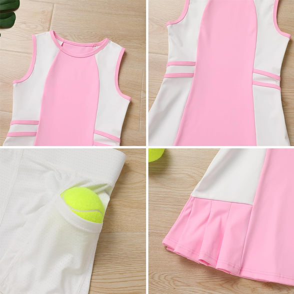 ODASDO Girls Tennis Golf Outfit Sleeveless Dress Tank Top with Pocket Shorts Skorts Set Sportswear Workout Athletic Clothes