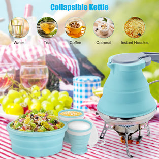 Portable Collapsible Camping Kettle, 1.5L/ 52OZ Foldable Silicon Coffee Pot for Outdoor Camping, Hiking, Traveling, with 1 Collapsible Bowl and 2 Collapsible Cups, Excellent Gift
