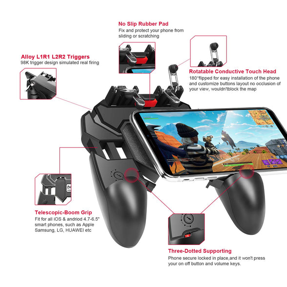 DELAM Mobile Game Controller with L1R1 L2R2 Triggers, PUBG Mobile Controller 6 Fingers Operation, Joystick Remote Grip Shooting Aim Keys for 4.7-6.5" iPhone Android iOS Cellphone Gamepad Accessories