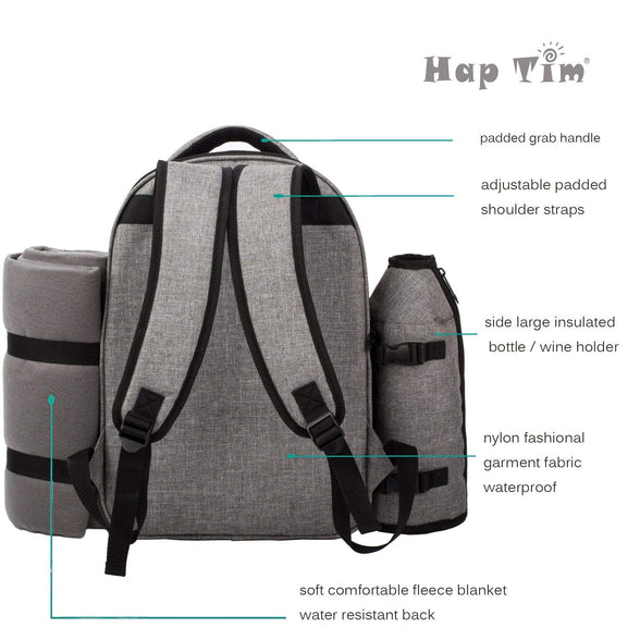 HapTim - Waterproof Picnic Backpack for 4 Person With Cutlery Set, Cooler Compartment, Detachable Bottle, Fleece Blanket, Plates For Picnic Time (AE-3263)