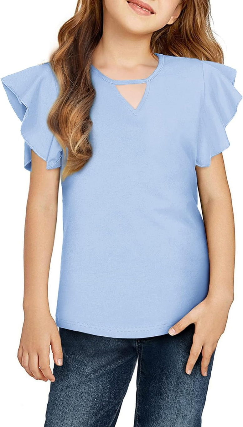 Greatchy Girls Shirts Short Sleeve Tee Ruffle Solid Summer Keyhole Neck Cotton Blouse Tops